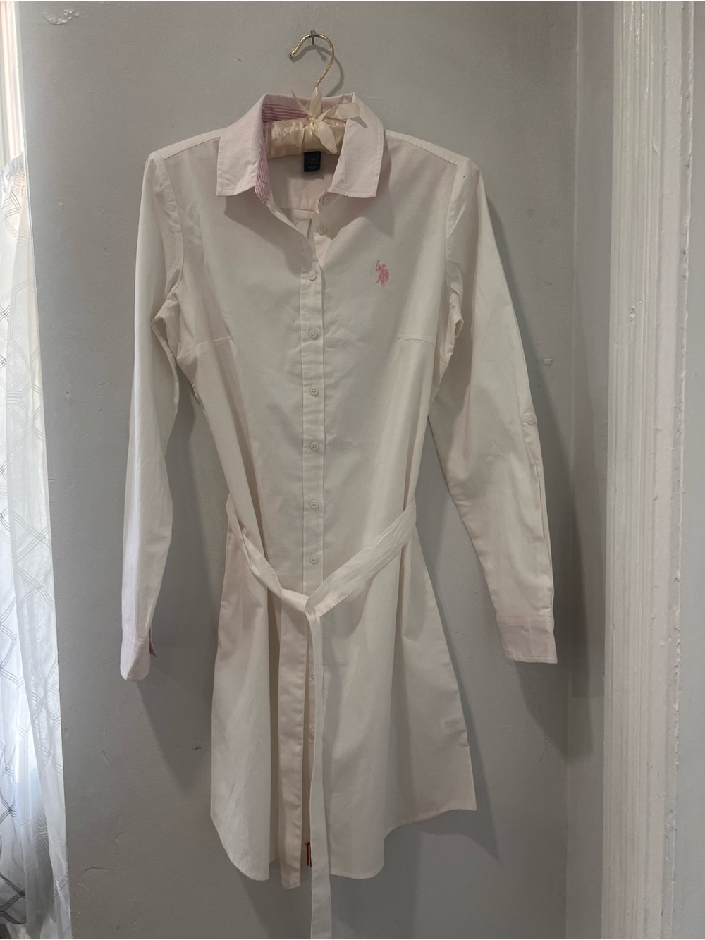 U.S. Polo Assn. White Long Sleeve Shirt Dress with Pink Logo